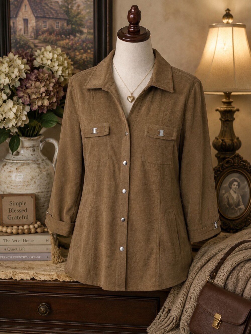 JM Collection L Camel Faux Suede Shirt Jacket Shacket Grandma Core